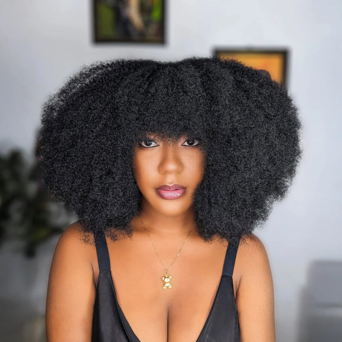Mongolian Curly Afro Kinky Human Hair Wigs Bangs Without Glue Bouncy Density