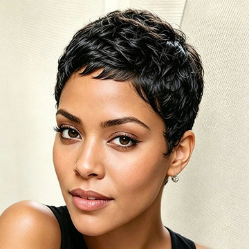 Curly Wave Wig, 150% Density Pixie Cut Human Hair Machine Made Daily