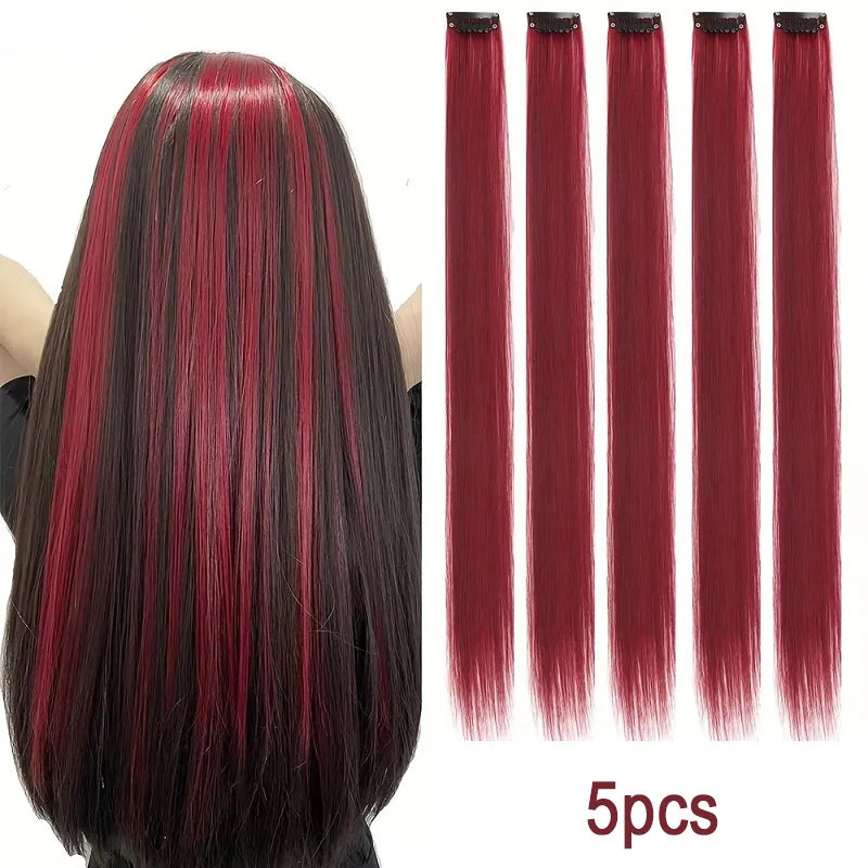 20Inch Synthetic Colorful 5pcs/set Clip Hair Extensions High Temperature Long Straight Hairpieces Daily Party Use