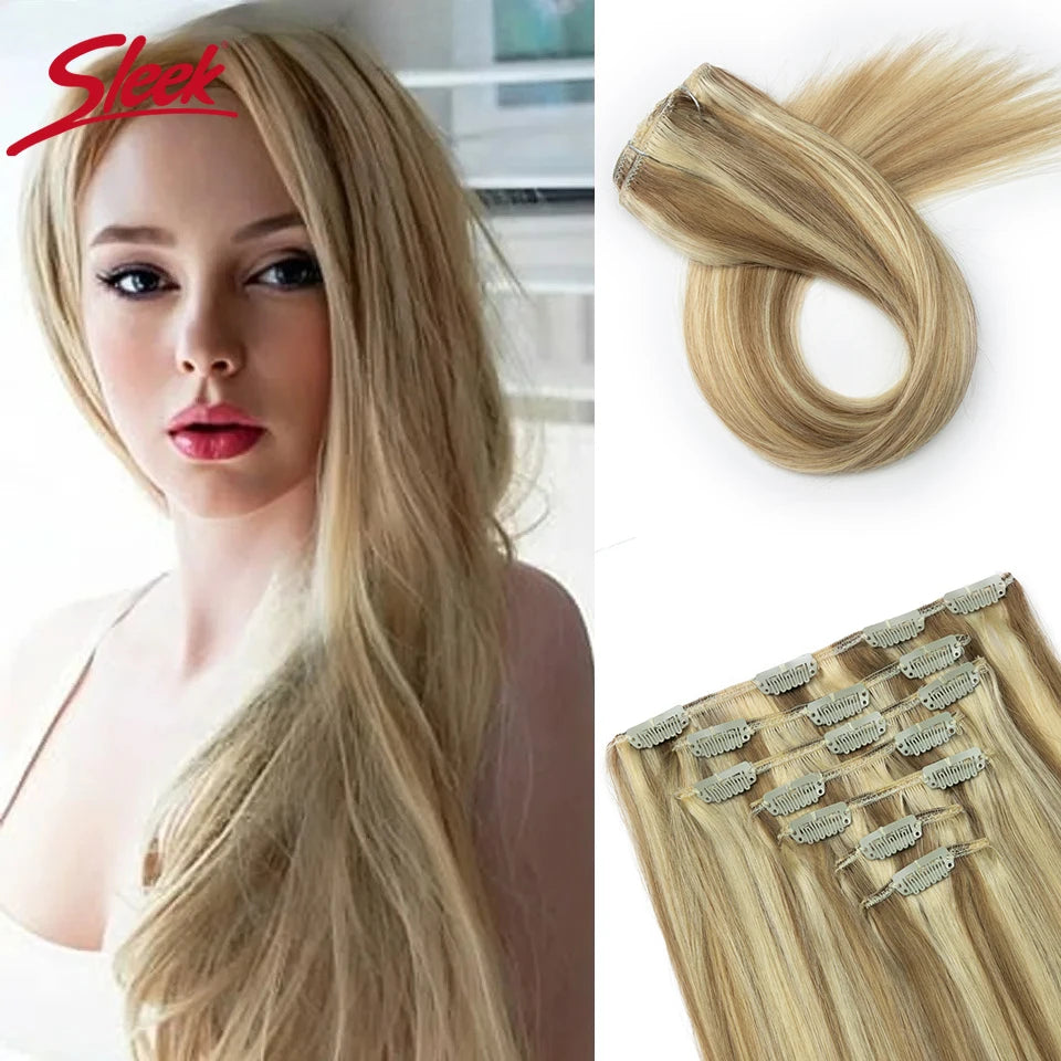 Sleek Straight Clip in Hair Extensions Human Hair Natural Blonde 613 Color 7pcs/Pack Clip in Extensions Salon-Grade Quality