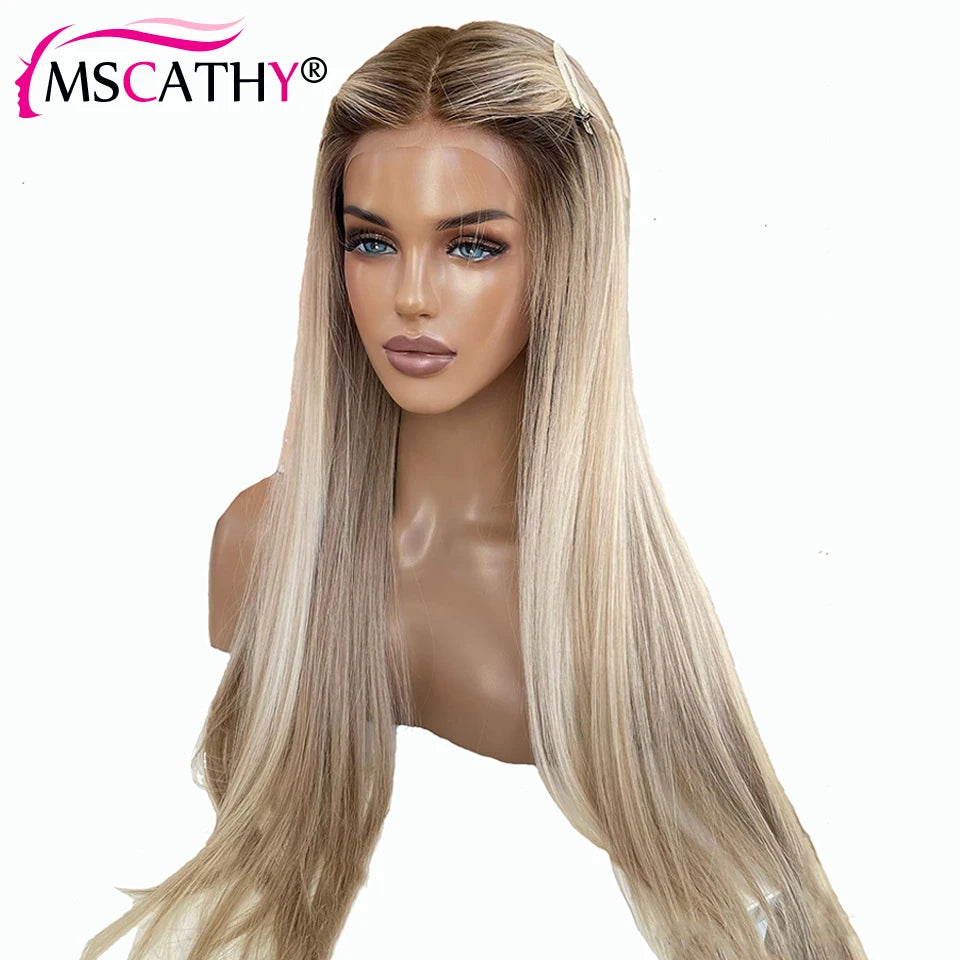 250% Glueless Ash Blonde Colored Ombre Human Hair Wigs, 13x4 Transparent Lace