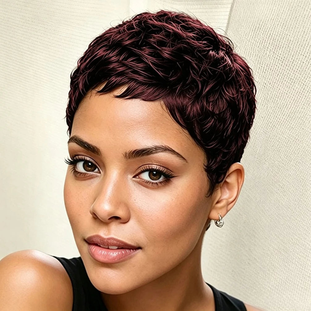 Curly Wave Wig, 150% Density Pixie Cut Human Hair Machine Made Daily