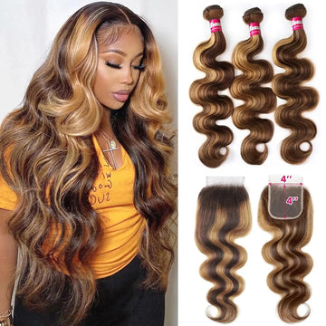 P4/27 Highlight Human Hair Bundles, 4x4 Body Wave Lace Closure Brazilian Remy