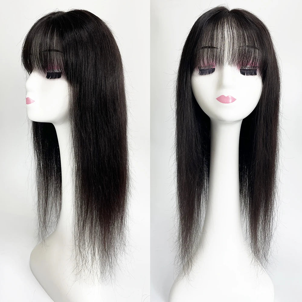 4x4 HD Lace Base Wispy Bangs Topper Natural Black Hair Hairpieces Clips