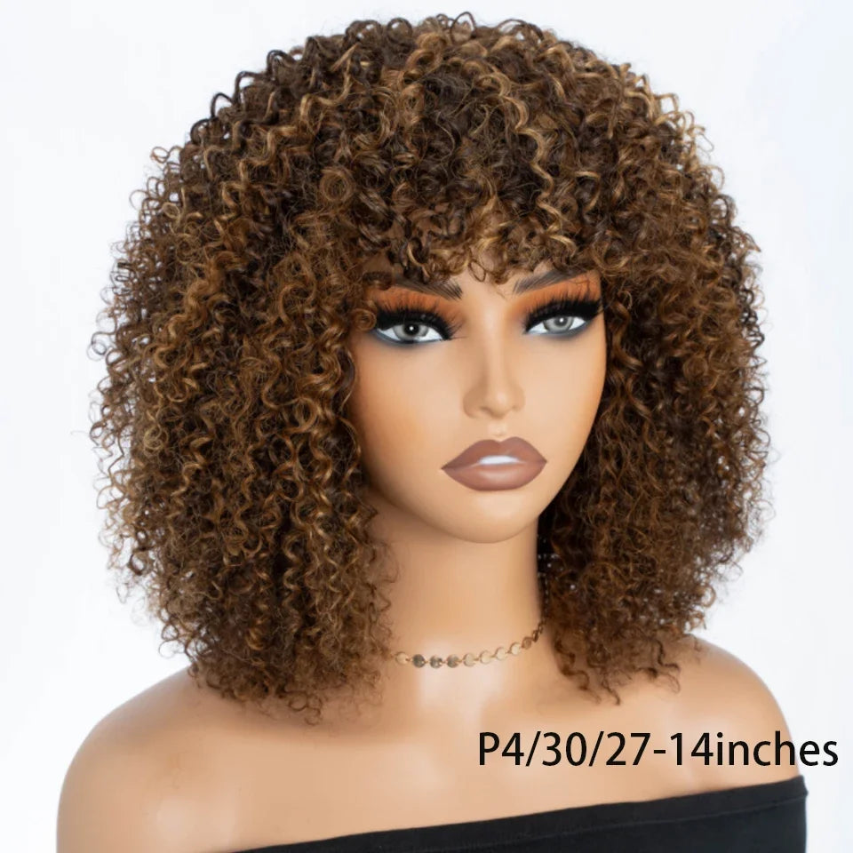 Brazilian Short Curly Human Hair Wig Natural Brown Color Afro Kinky Bangs