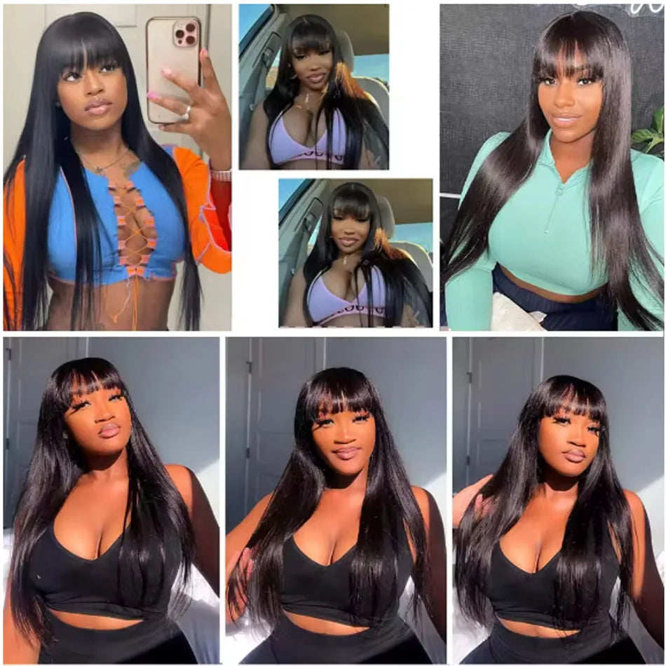 Natural Black Bone Straight Human Hair Wig Bangs 30Inch Glueless Brazilian, 3x1