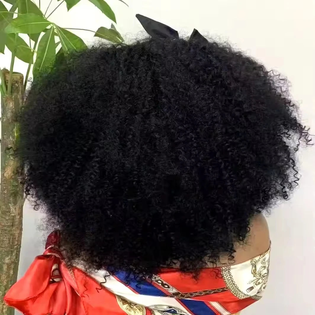 Mongolian Curly Afro Kinky Human Hair Wigs Bangs Without Glue Bouncy Density