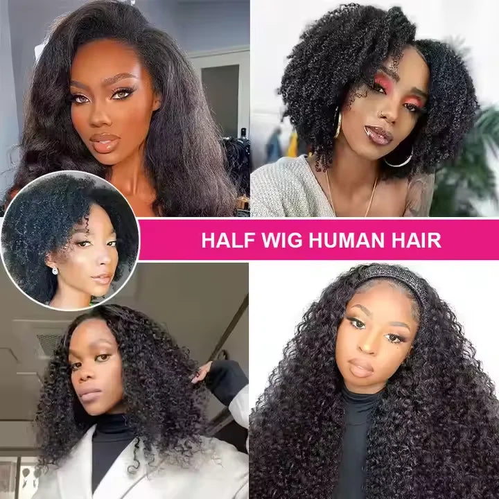 Afro Kinky Curly Human Hair Headband Wig — Glueless 3-in-1 Half Wig, 300% Density