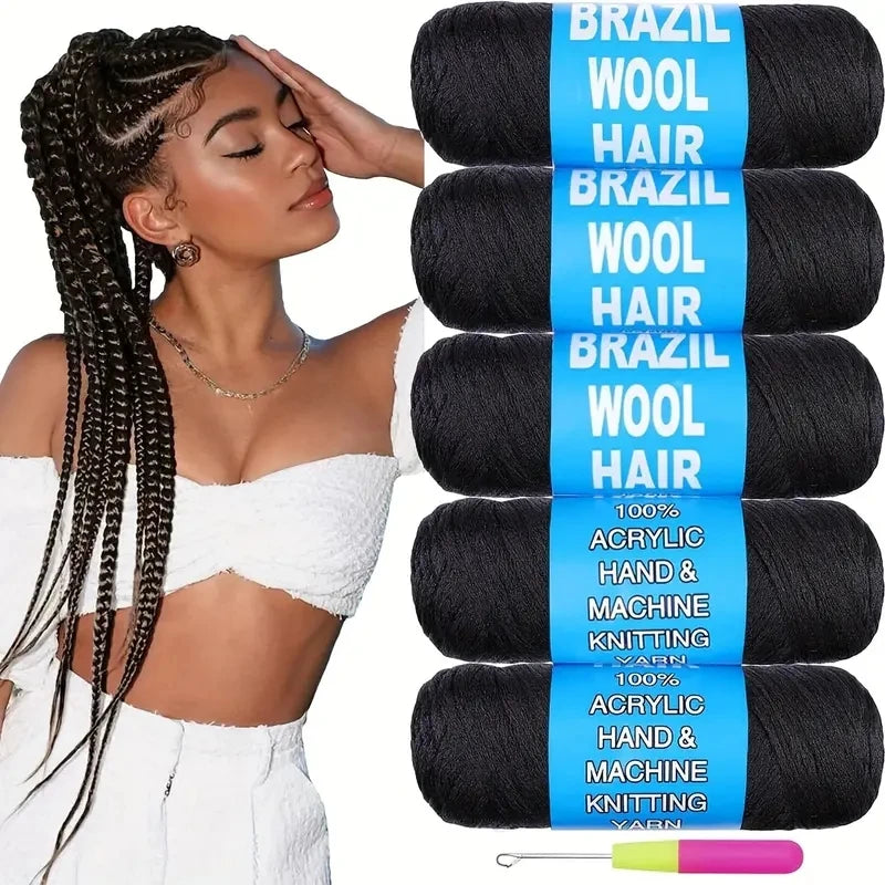 3-12Rolls Black Brazilian Wool Hair Acrylic Yarn For African Synthetic Crochet Hair Jumbo Braids Braids Twist Wraps70G/Roll