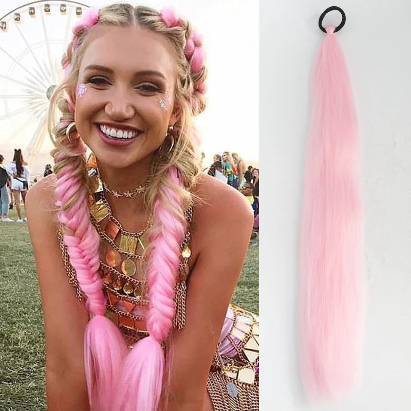 Synthetic Ponytail Extension Elastic Tie Hair Band 26" Long Straight Colored Braiding