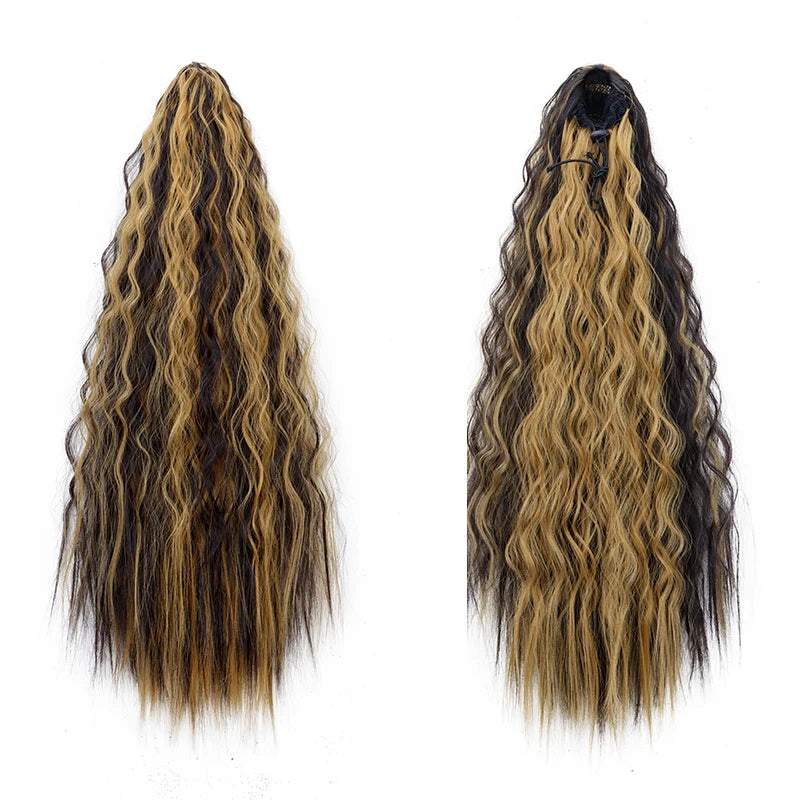 22Inch Synthetic Long Kinky Curly Ponytail Hair Extension Drawstring Wrapped Clip in Hair Black Hairpiece