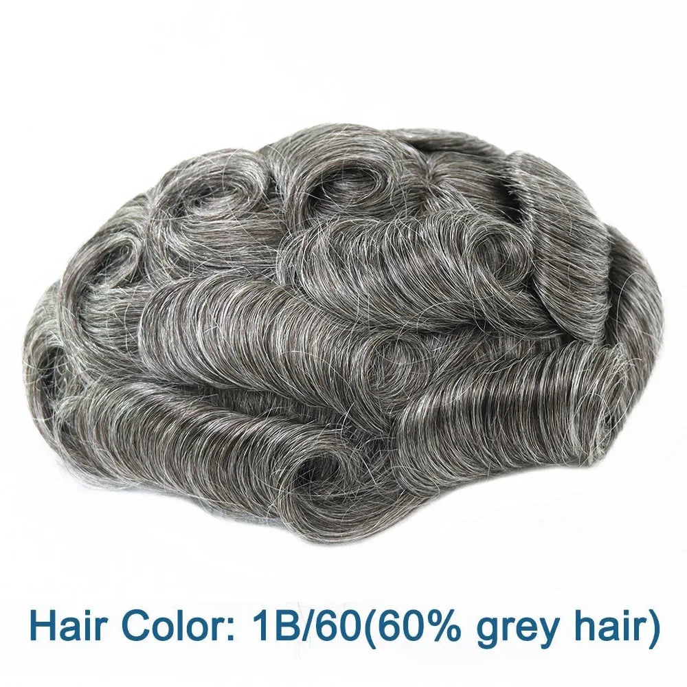 Grey Human Hair Prosthesis Toupee PU Fine Mono Lace Front Wig System