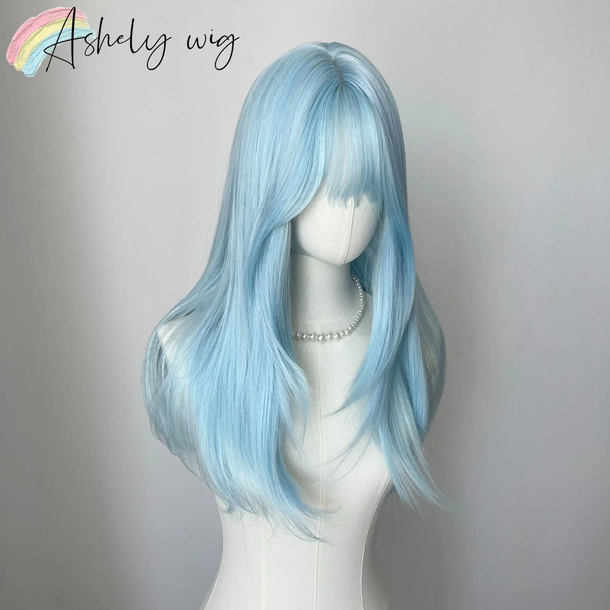 Lce Blue Wig Bangs 22inch Middle Straight Hair Lolita Nature Looking Headband