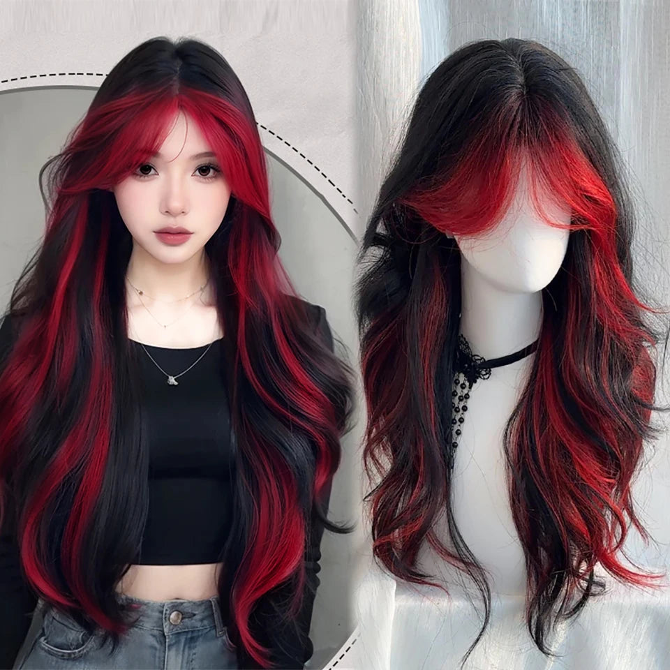 Black Highlight Purple Synthetic Wig Cosplay Long Wavy Layered Bangs Heat Resistant