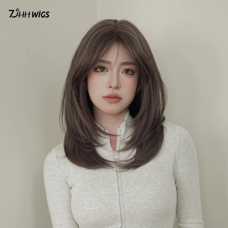 Elegant Wigs Long Straight Gray Purple Curtain Bangs Heat Resistant Synthetic Layered