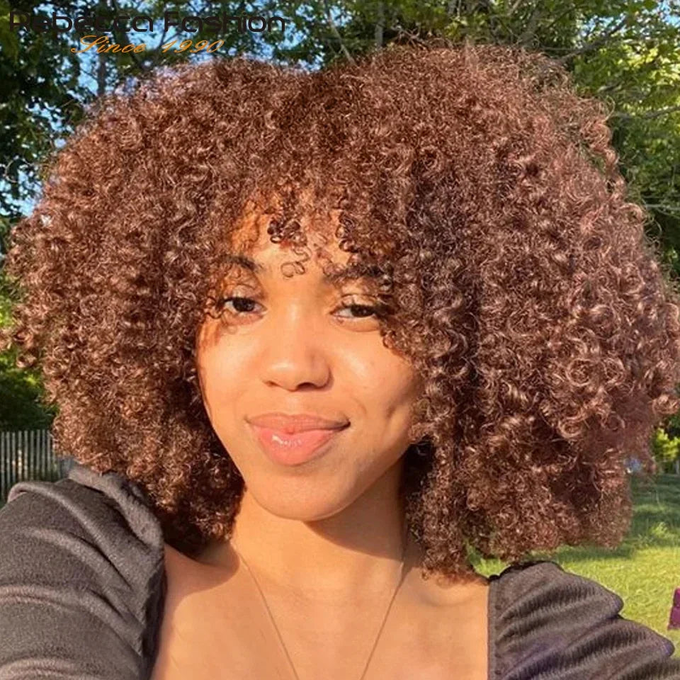 Brazilian Short Curly Human Hair Wig Natural Brown Color Afro Kinky Bangs