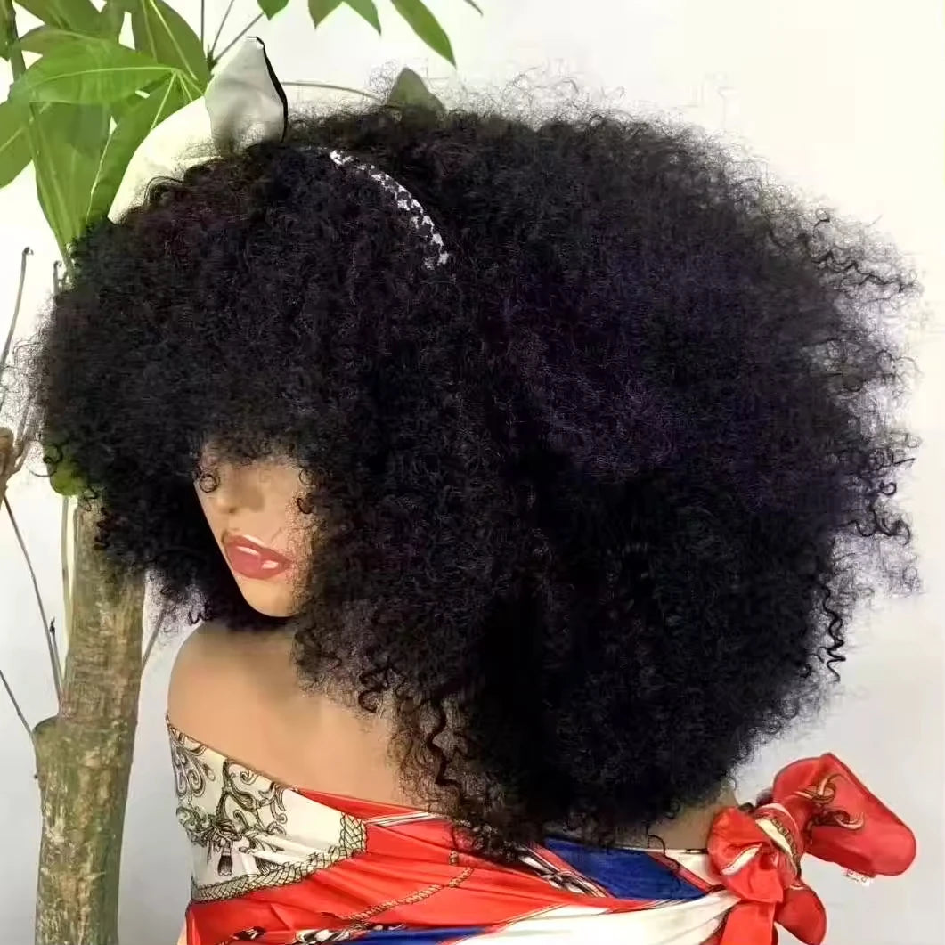 Mongolian Curly Afro Kinky Human Hair Wigs Bangs Without Glue Bouncy Density