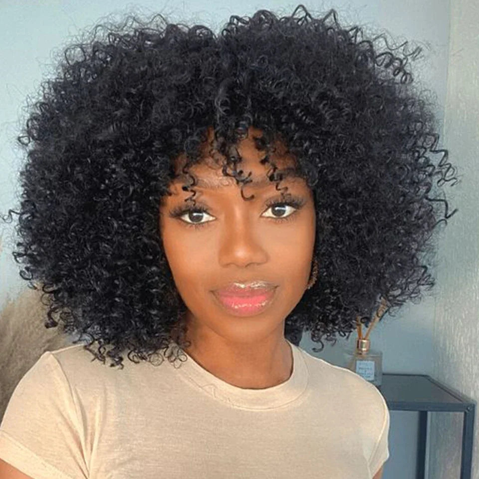 Short Afro Kinky Curly Human Hair Wig with Bangs, Glueless, Full Machine Made, 250% Density, Jerry Curl