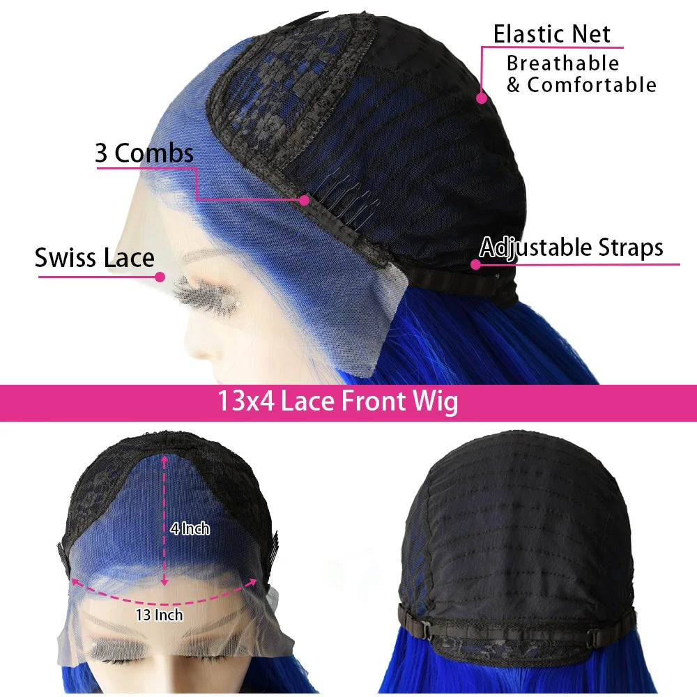 Midnight Blue Wig Long Straight Lace Fornt, 13x4 HD Glueless Synthetic Blend