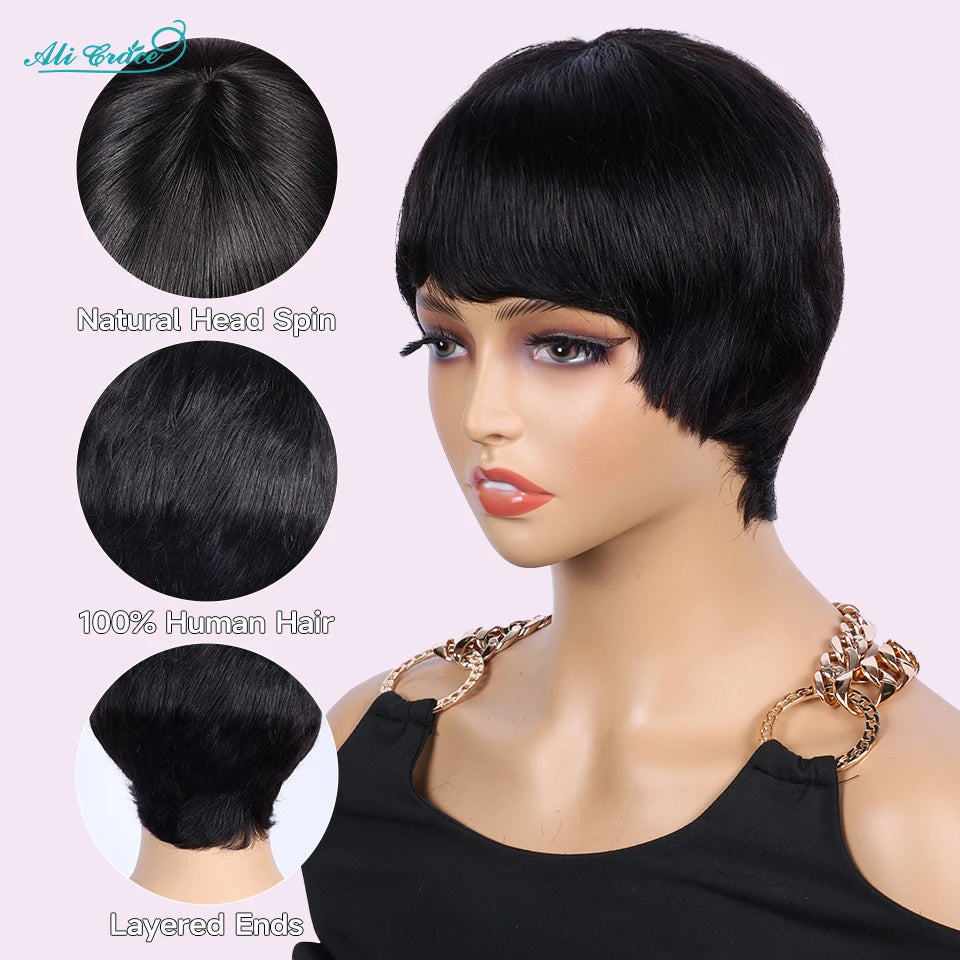 Short Bob Pixie Cut Wigs Straight Human Hair Machine Made Bangs Brazilian