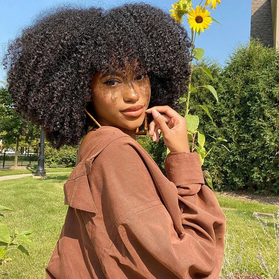 Mongolian Curly Afro Kinky Human Hair Wigs Bangs Without Glue Bouncy Density