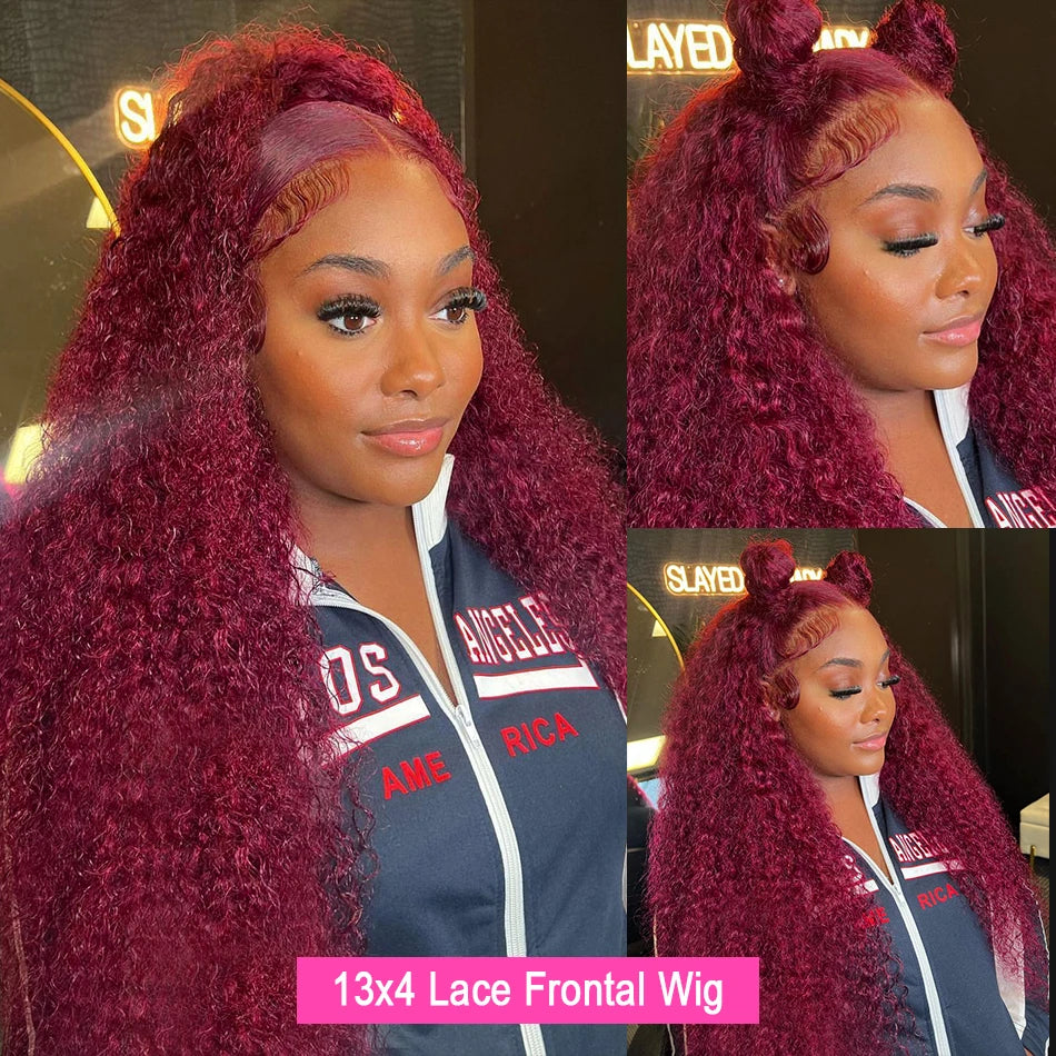 Deep Wave Burgundy, 13x6 HD Lace Frontal Curly Human Hair Wigs Red