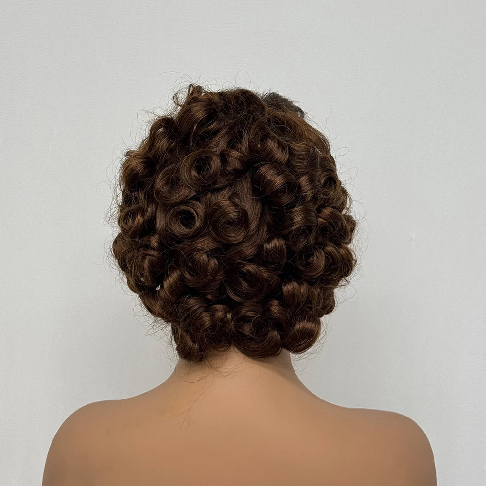 4x4 Lace Closure Wig Short Bouncy Texture Pixie Hair Real Human, 200%
