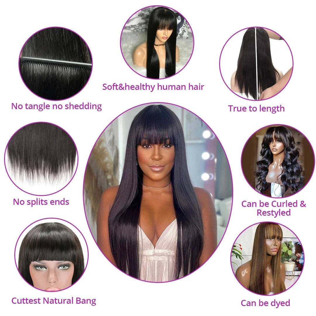 Straight Wigs Bangs Human Hair None Lace Front Brazilian Virgin Glueless Machine