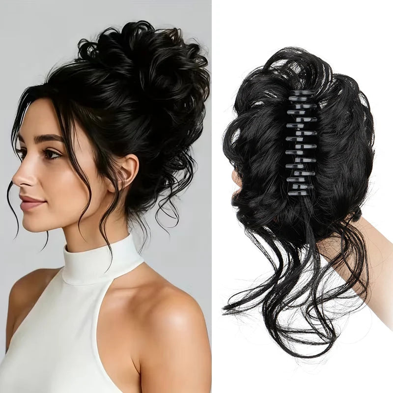 Synthetic Short Wavy Curly Messy Elegant Bun Hair Piece Claw Clip Tousled