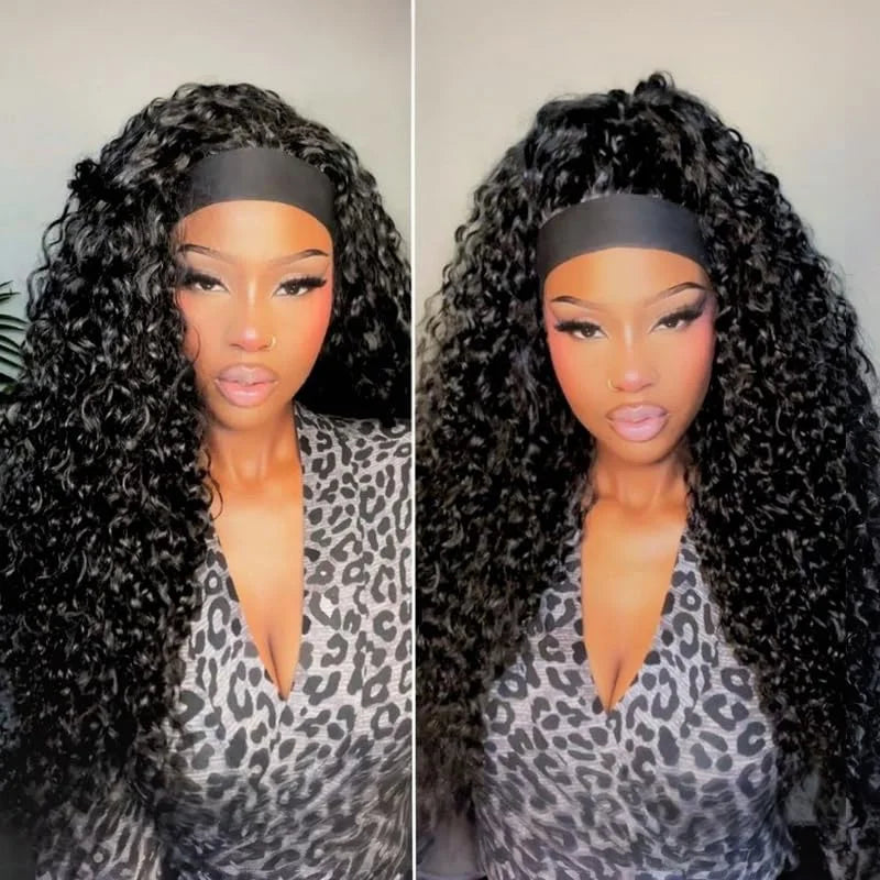 Deep Wave Curly Human Hair Wig Full Machine Made Half Headband