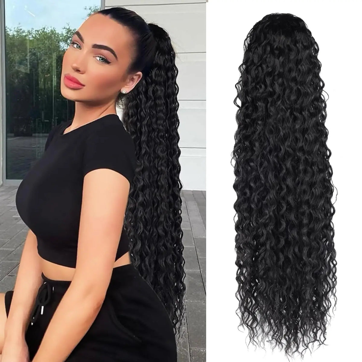 Synthetic Wig 24inch Long Curly Wave Drawstring Ponytail HairPieces Extension Heat Resistant Clip in Girl