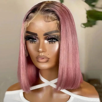 Short Cut Colored Pink Bob T Part Lace Wigs Human Hair 180D