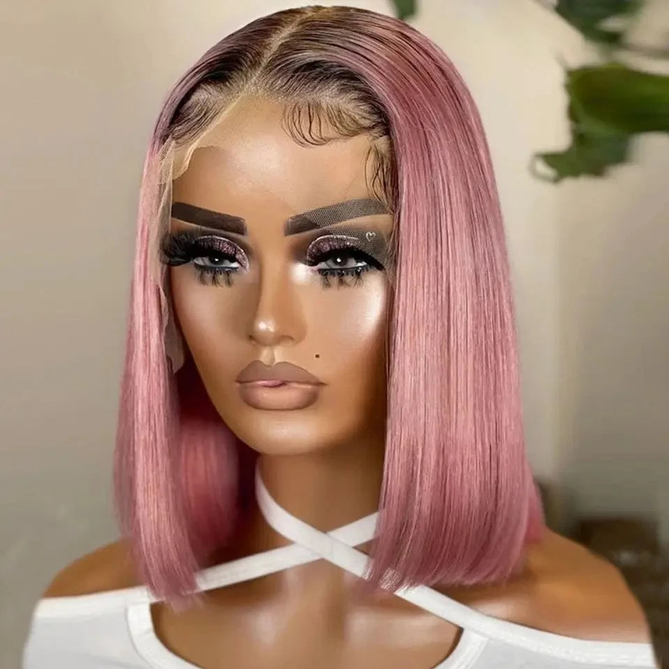 Short Cut Colored Pink Bob T Part Lace Wigs Human Hair 180D