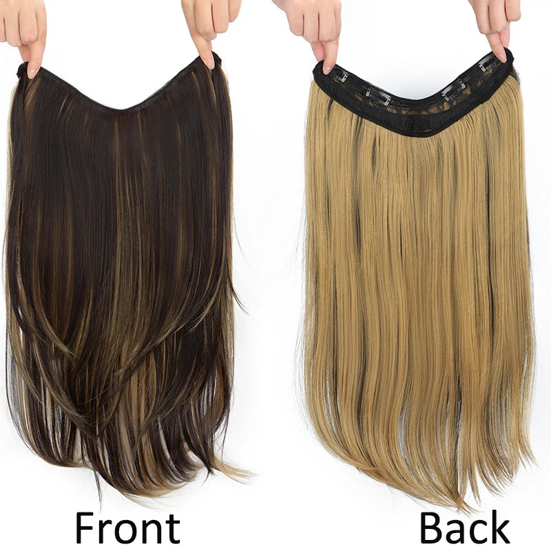 22Inch Synthetic Long Straight Layered Clip-in Hair Extension V-shaped Black Blonde Invisible Hairpiece