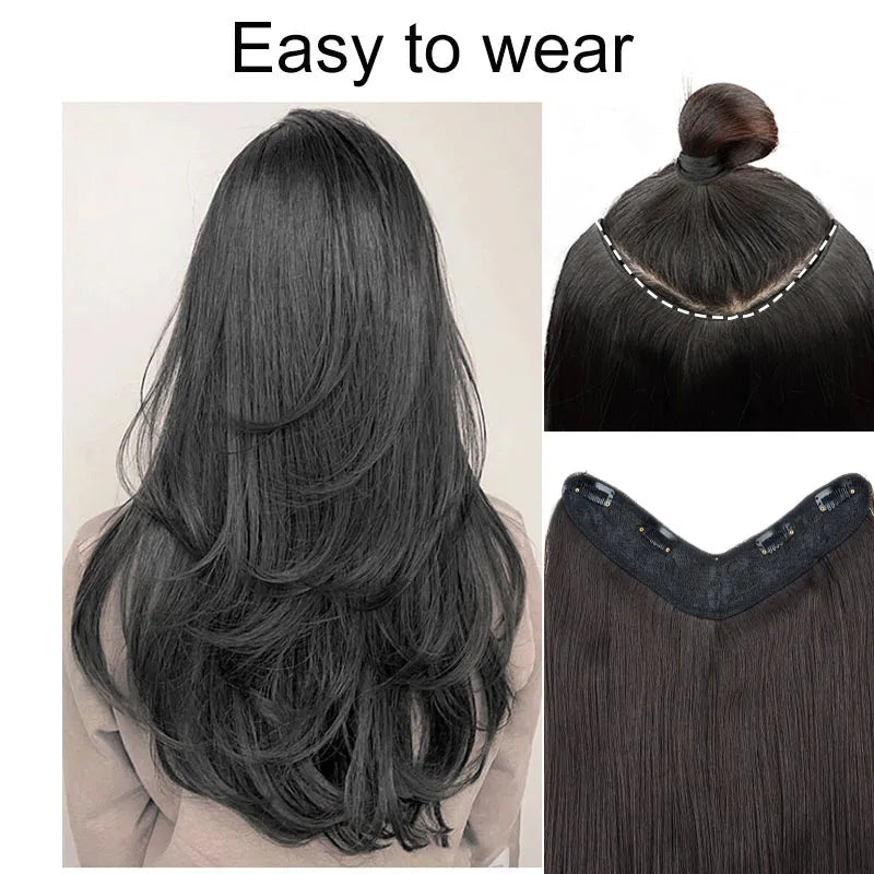 22Inch Synthetic Long Straight Layered Clip-in Hair Extension V-shaped Black Blonde Invisible Hairpiece