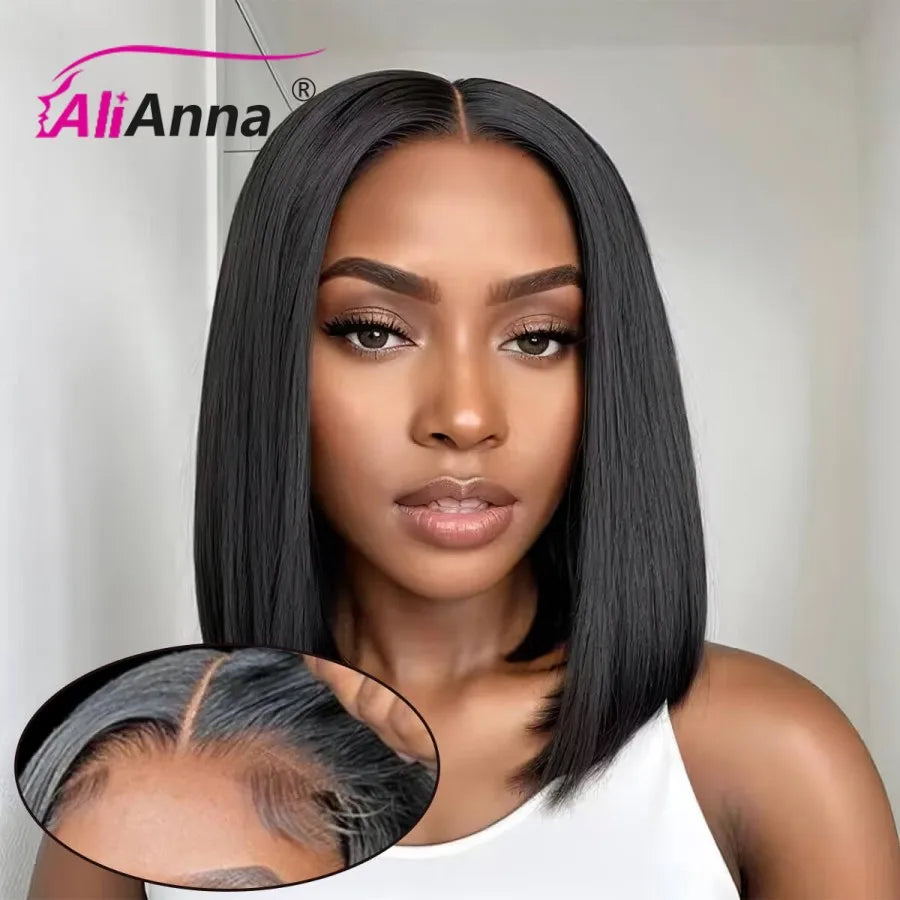 Straight Glueless Short Bob Wig Human Hair Ready To Wear Transparent Pre