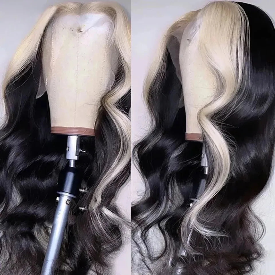 180% Density Brown Roots Ash Blonde Body Wave Lace Frontal Wig, 13x4, Ombre, Synthetic Blend