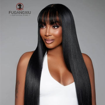 Peruvian Straight Full Machine Made Wig Bang, 180% Natural Human Hair Pre-plucked