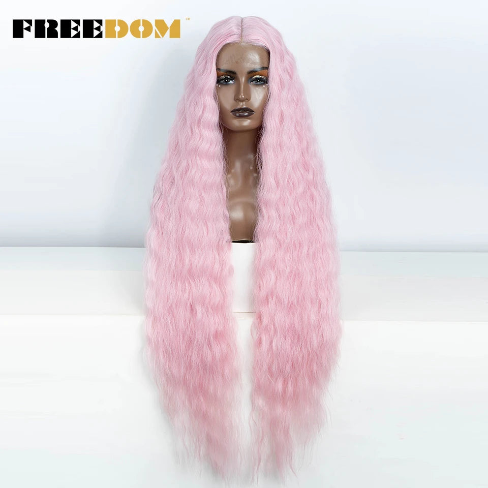 Synthetic Lace Frontal Wig Long Curly Ombre Brown Highlight Ginger White Pink
