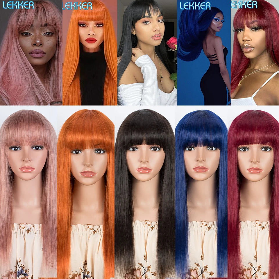 Long Royal Blue Straight, 100% Human Hair Wigs Bangs Brazilian Remy Halloween