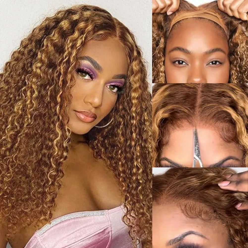 Honey Blonde Curly Wigs, 13x6 Glueless Highlight Human Hair Ready To Wear