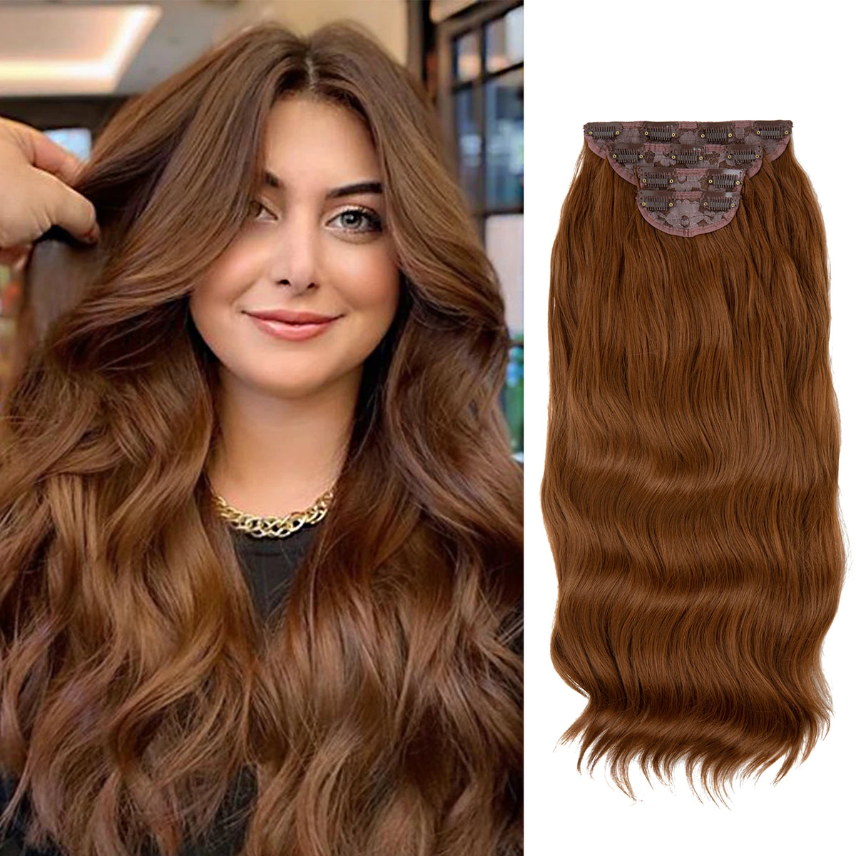 Synthetic Long Wavy Clip in Hair Extensions 22" Thick Hairpiece Brown Blonde