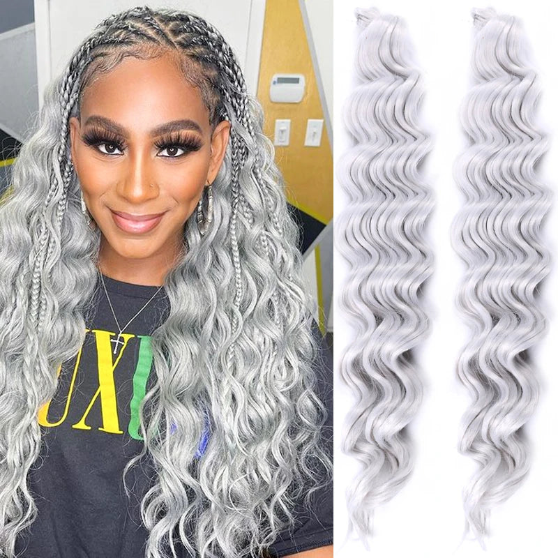 20“Deep Curly Synthetic Hair Deep Wave Bulk Crochet Braid Black Ombre Blue
