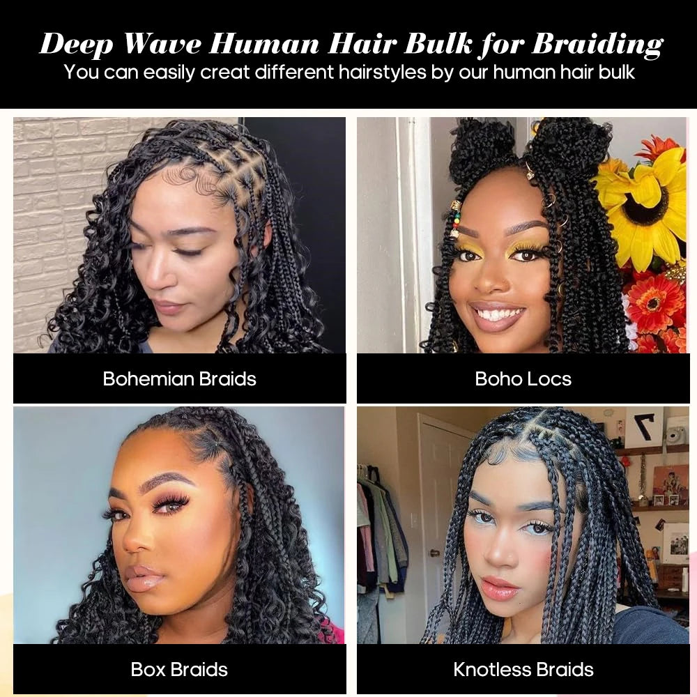Deep Wave Bulk Human Braiding Hair for Boho Braids - Brazilian Virgin, 14 Inch, 100g (2 Bundles)