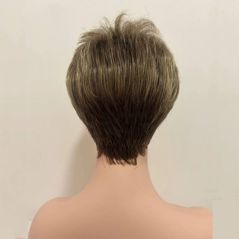 Short Dark Brown Mixed Blonde Highlight Pixie Cut Wigs with Bangs Synthetic Hair Layered Wigs