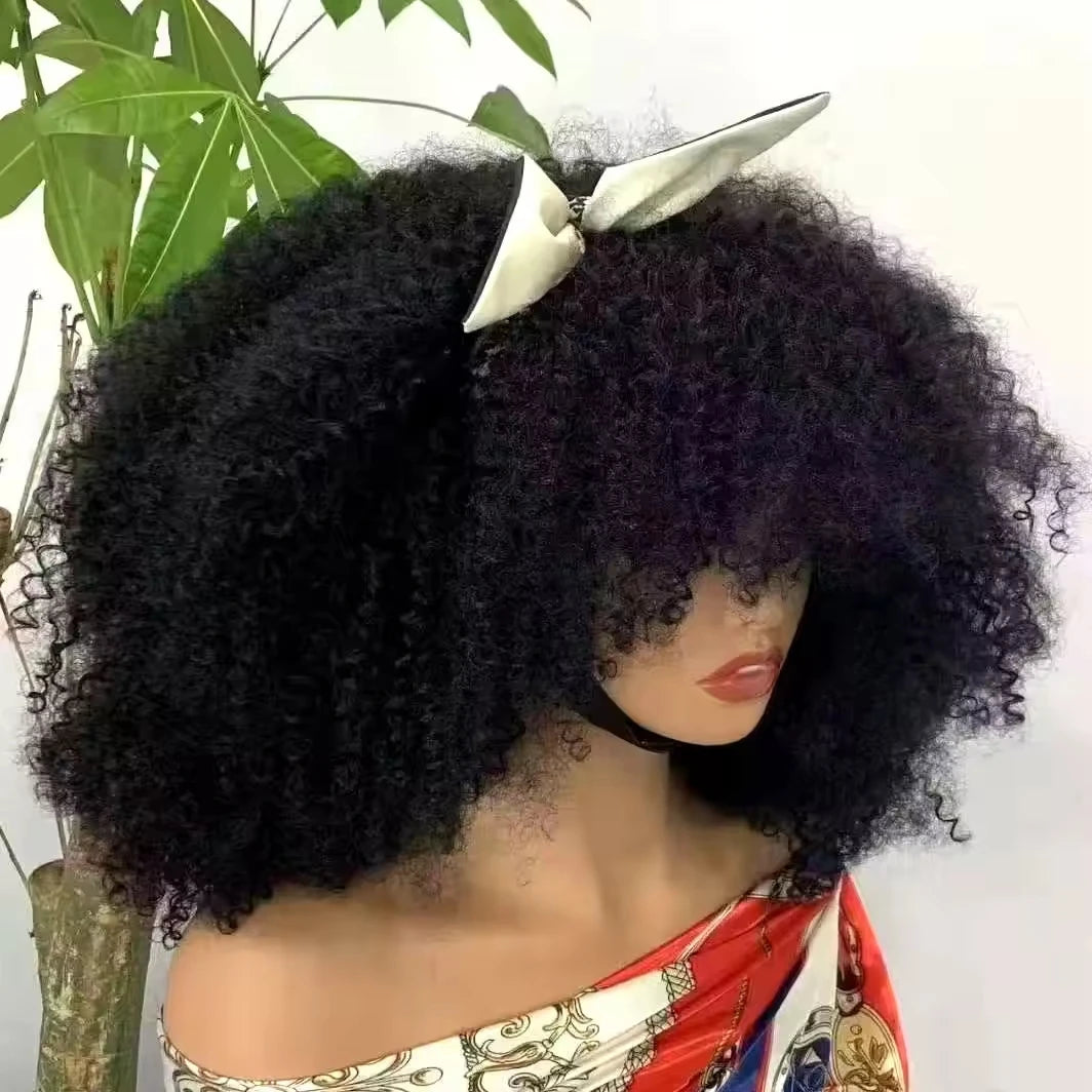 Mongolian Curly Afro Kinky Human Hair Wigs Bangs Without Glue Bouncy Density