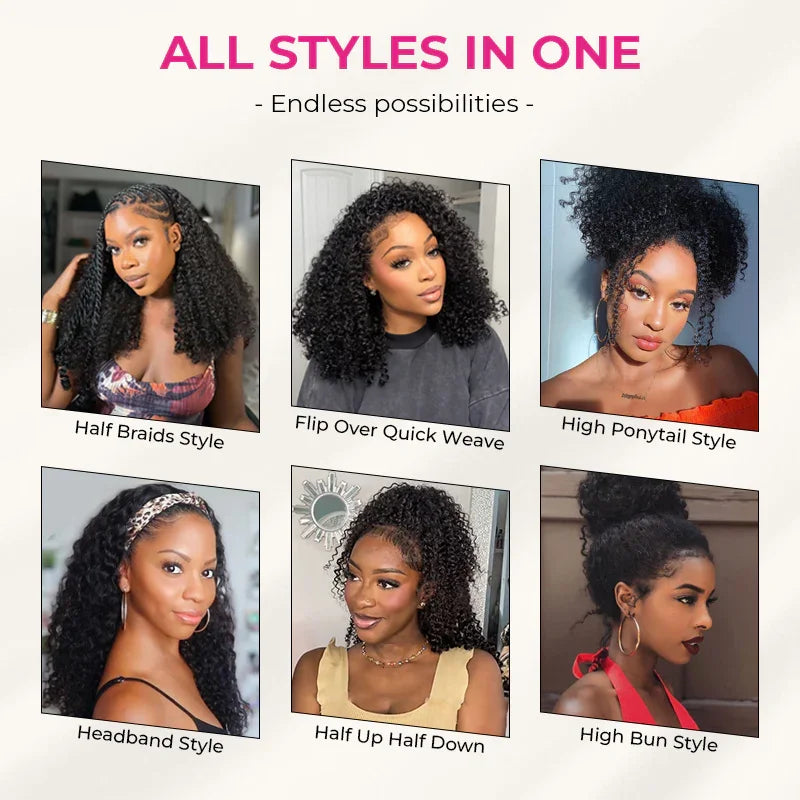 Afro Kinky Curly Human Hair Headband Wig — Glueless 3-in-1 Half Wig, 300% Density