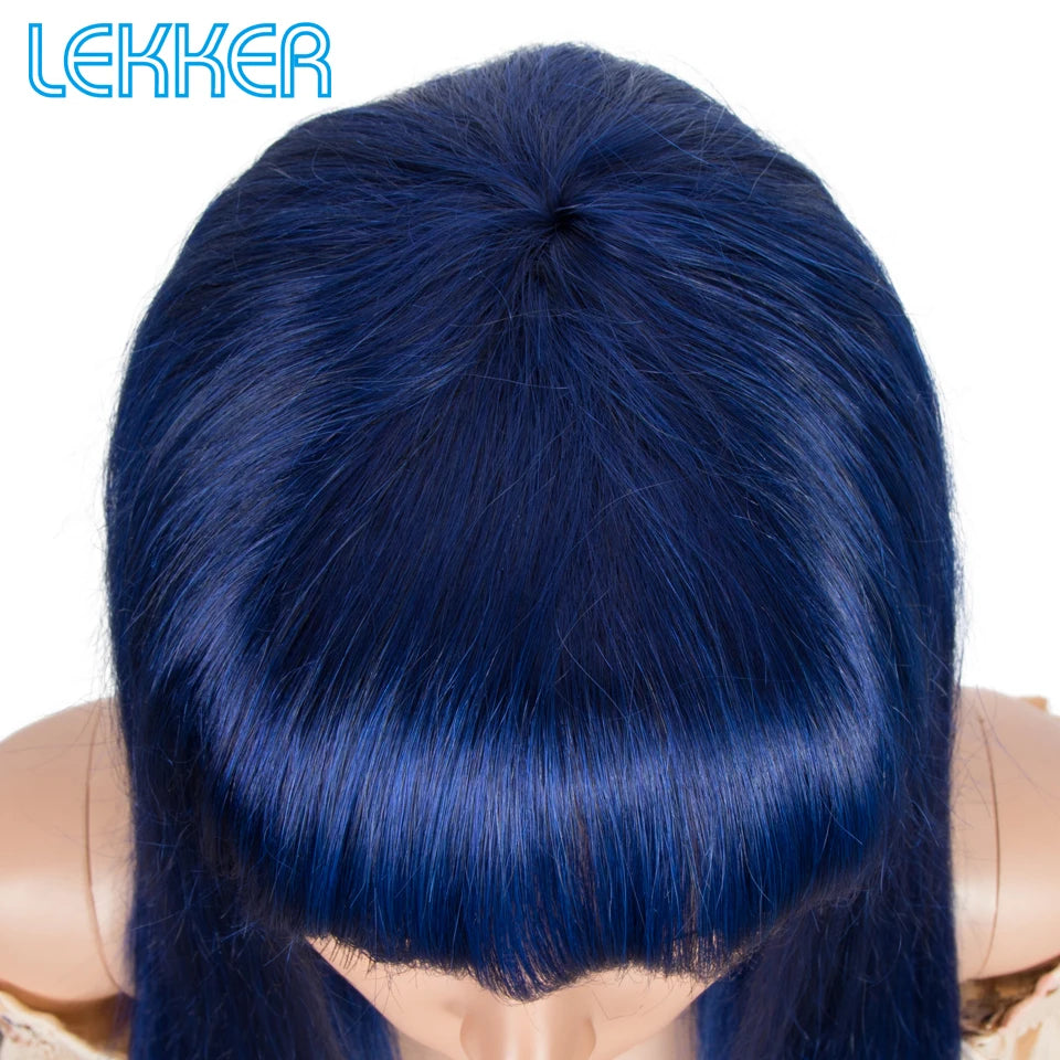 Long Royal Blue Straight, 100% Human Hair Wigs Bangs Brazilian Remy Halloween
