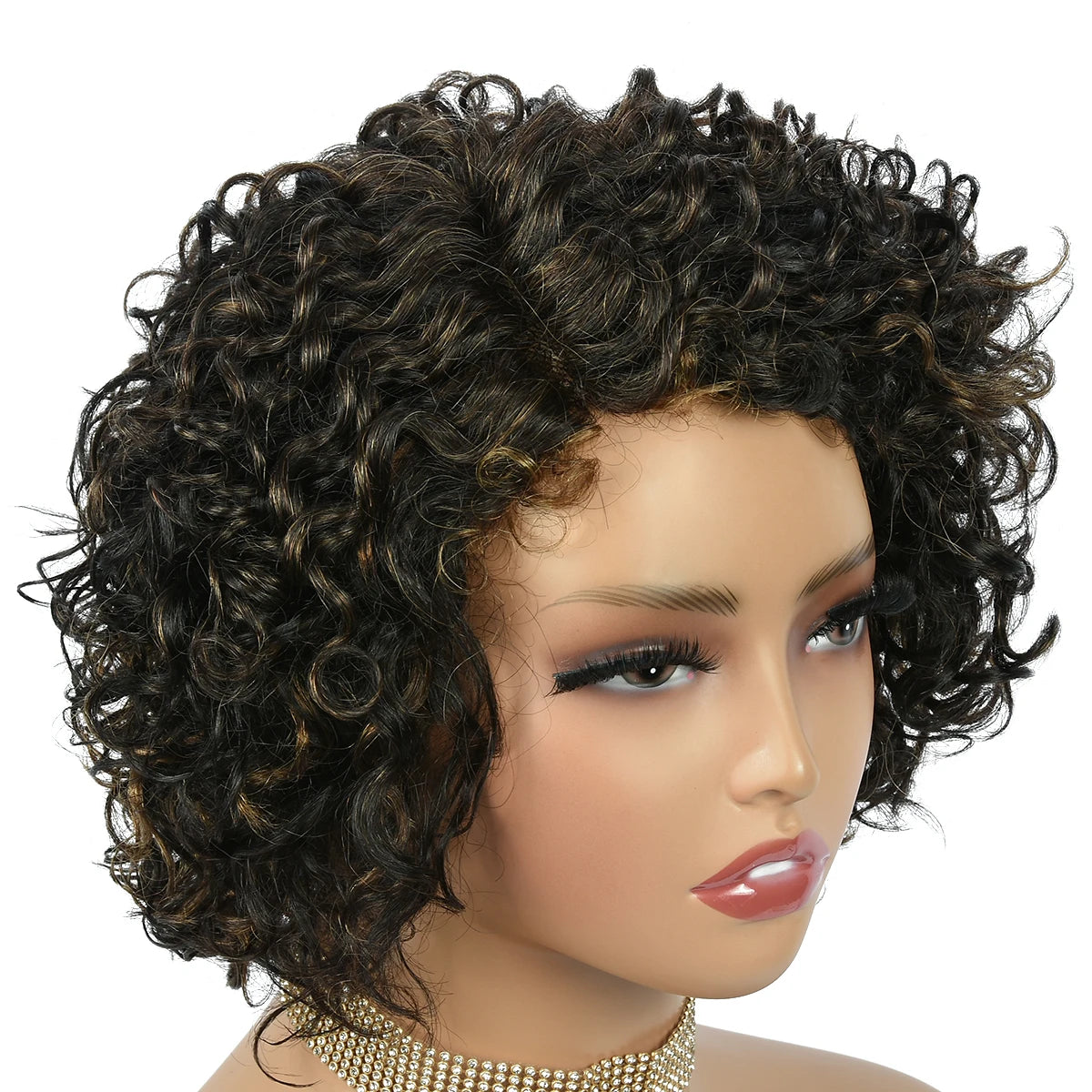 Brown Curly Pixie Cut Wigs Part Lace Human Hair Jerry Closure 8Inch