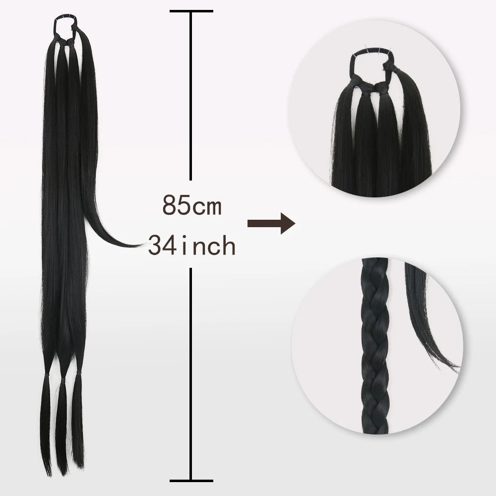 Synthetic Braided Ponytail Extensions Black Natural Hairpiece Long Pony Tail Hair Tie